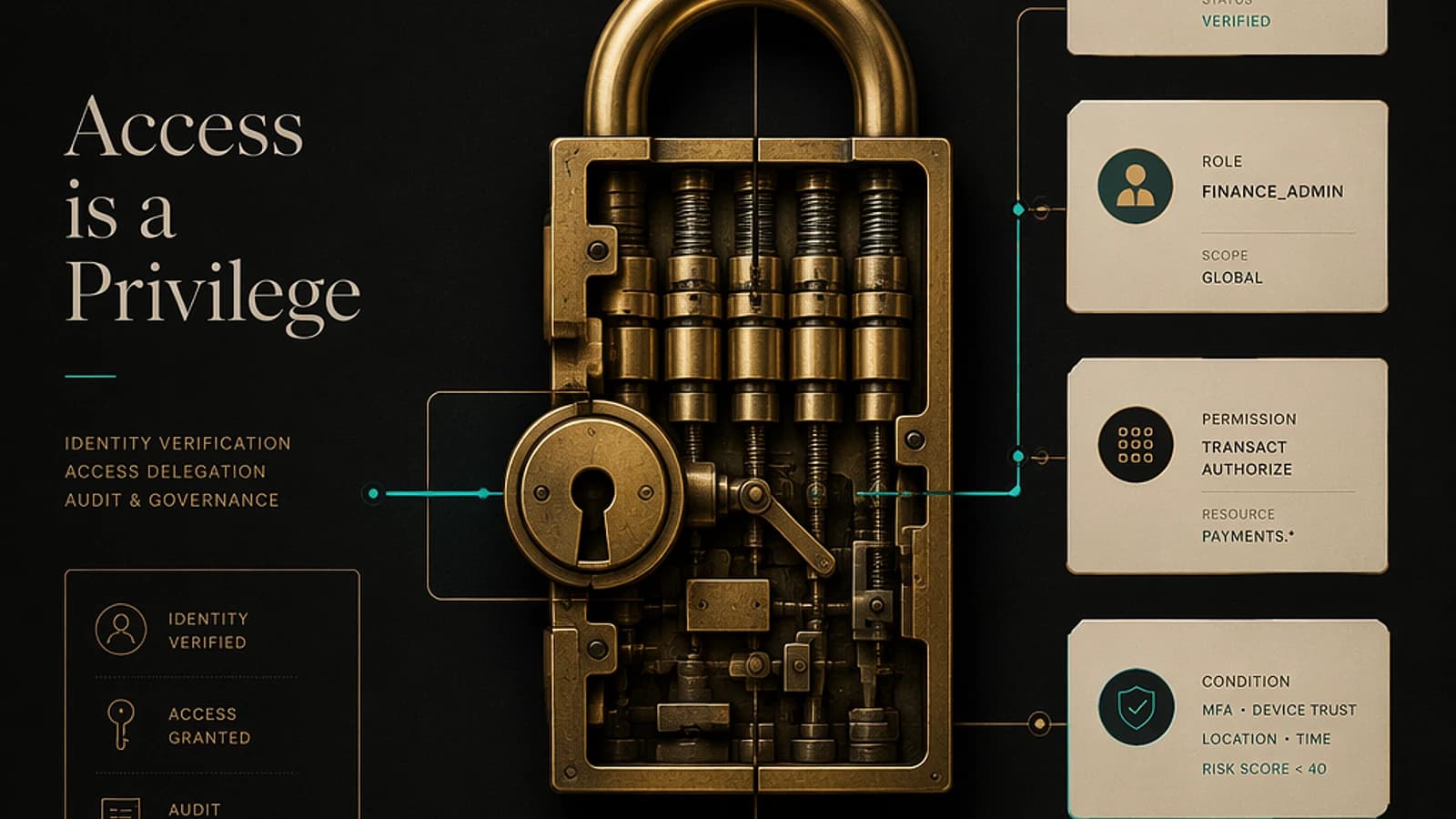 Un cadenas doré avec des éléments de sécurité et des informations sur l'accès.