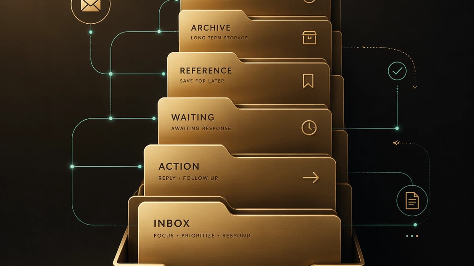 Dossiers de gestion des courriels avec des catégories comme Action, Archive, et Inbox.