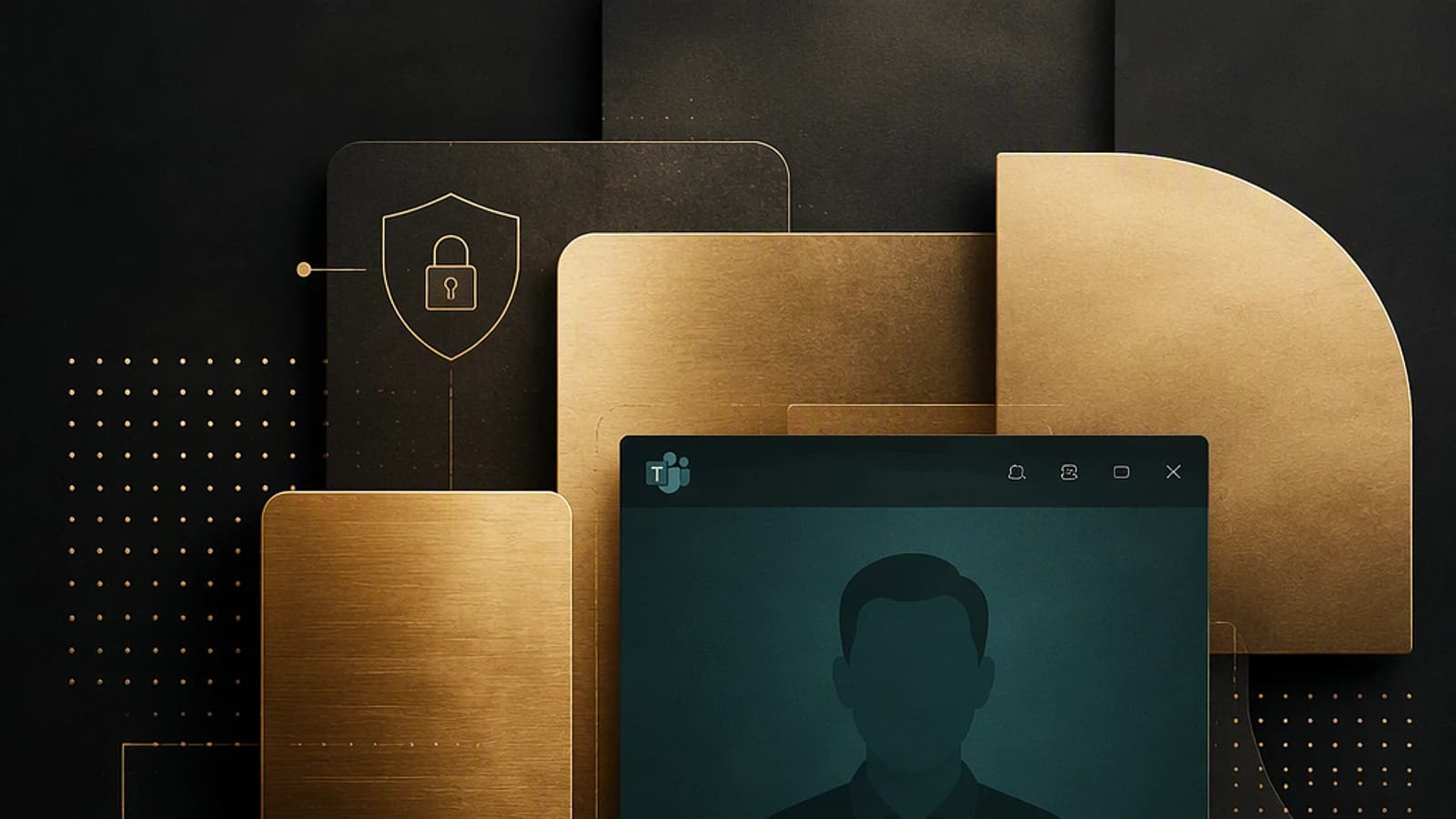 Interface de Teams sur fond graphique noir et doré avec symbole de sécurité.