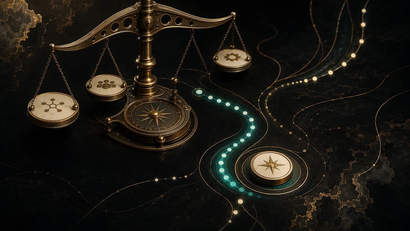 Balance de justice stylisée sur une carte sombre, avec boussole et chemin lumineux reliant des points.