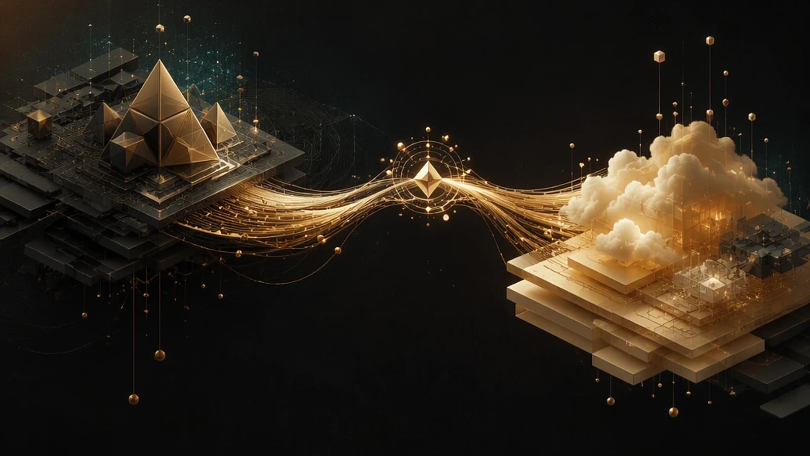 Concept visuel de synchronisation entre des structures pyramides et nuages.