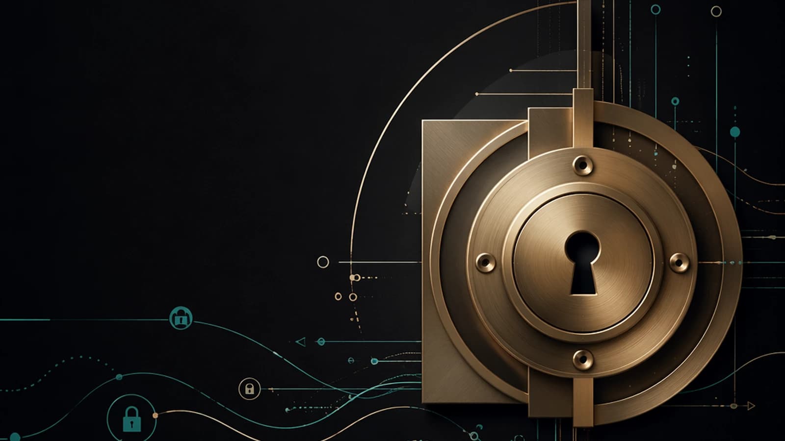 Verrou en bronze sur fond noir avec des motifs technologiques.