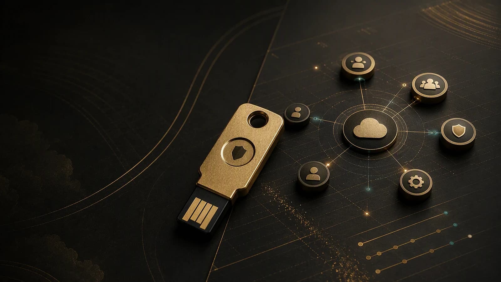 Clé USB sécurisée reliée à un réseau de comptes, rôles, paramètres et protections Microsoft Entra.