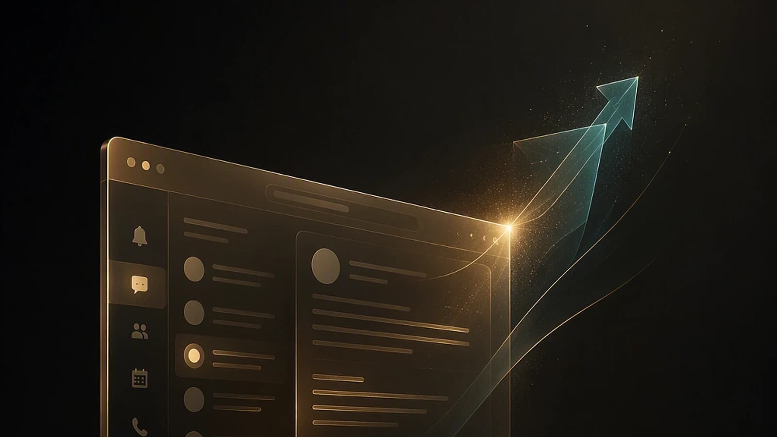 Interface abstraite avec des éléments graphiques lumineux sur fond sombre.
