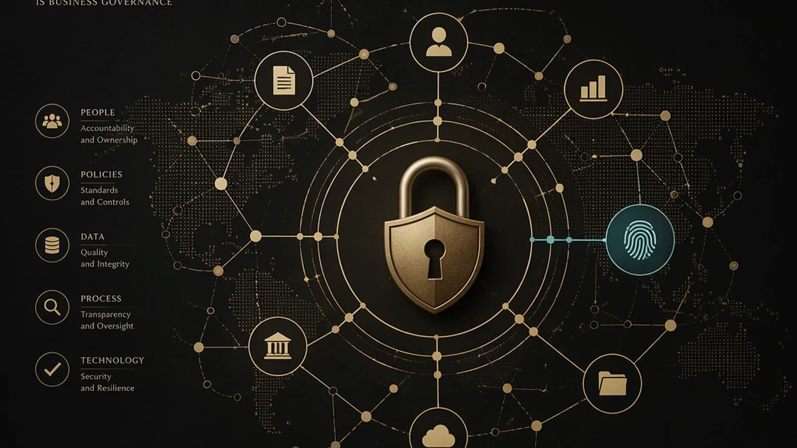 Système de gouvernance des données avec un cadenas au centre et divers éléments connectés.