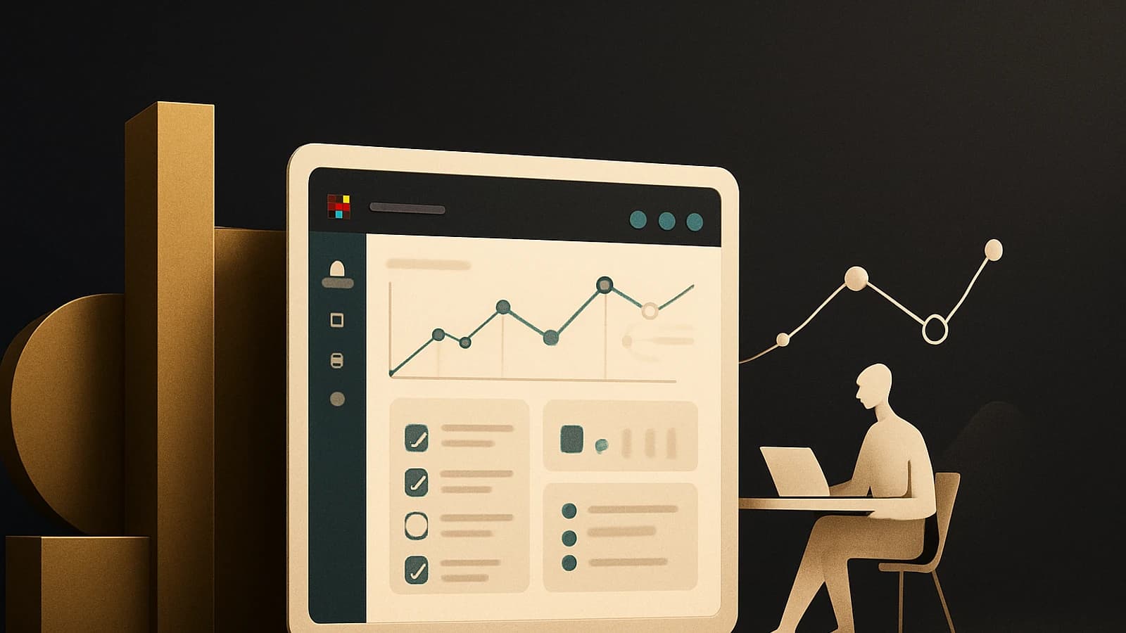 Tableau de bord IA avec graphiques, représentant un utilisateur au travail sur un ordinateur.