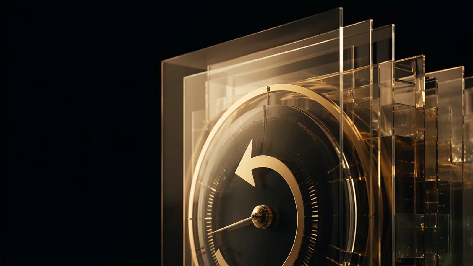 Horloge moderne avec aiguilles dorées sur fond noir, aspect futuriste.