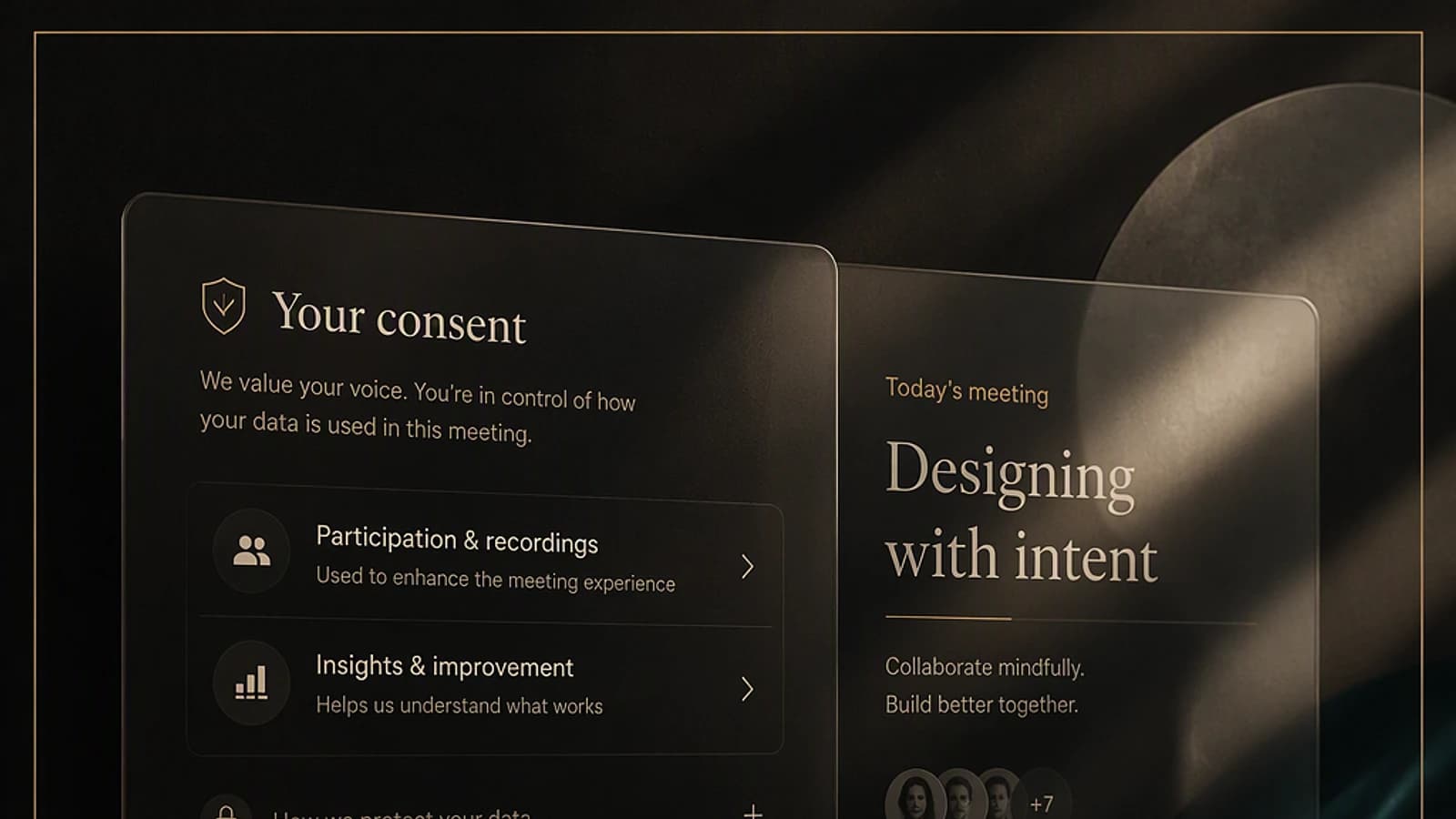 Interface de réunion affichant des options de consentement et de collaboration.