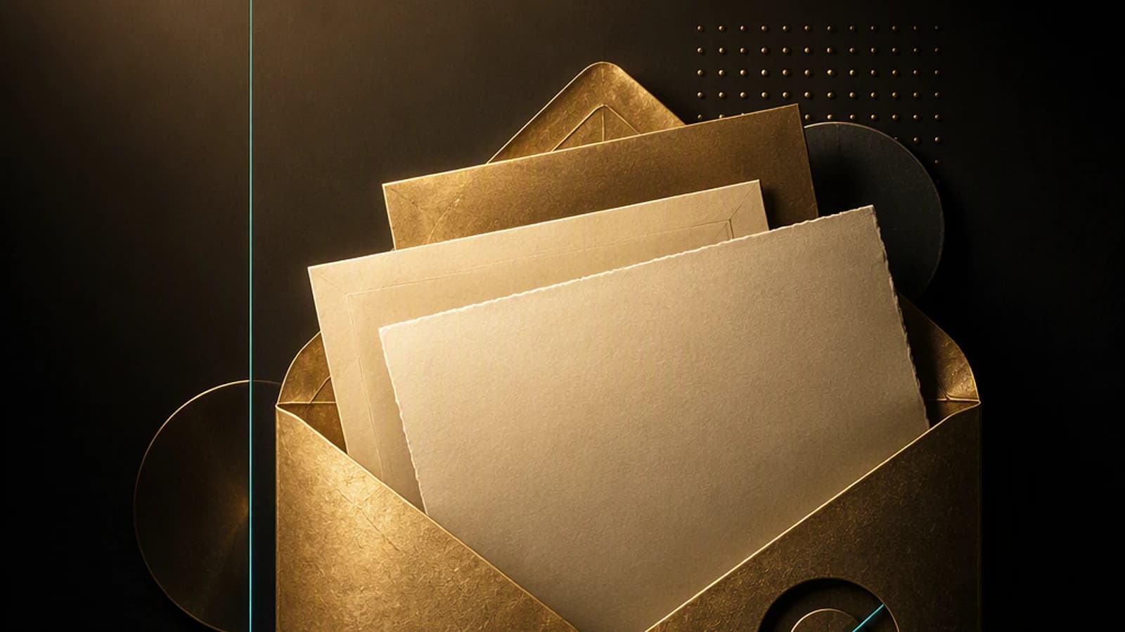 Enveloppe dorée contenant plusieurs feuilles de papier à lettres en arrière-plan sombre.