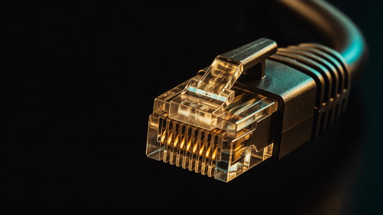 Connecteur Ethernet transparent sur fond noir.