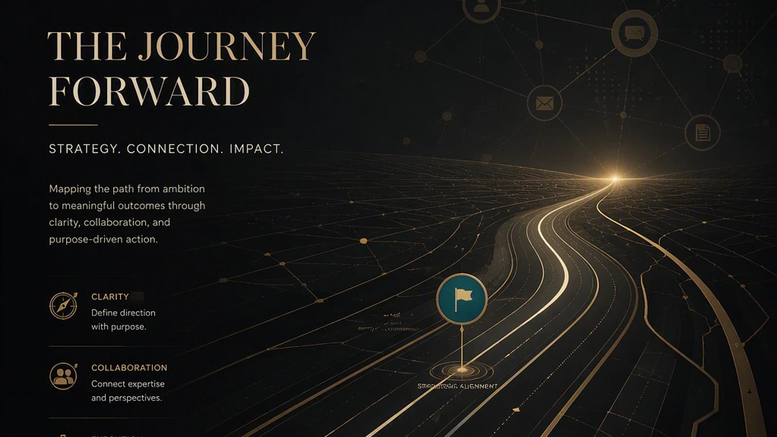Route sinueuse illuminée avec des symboles de connexion et des mots-clés stratégiques.
