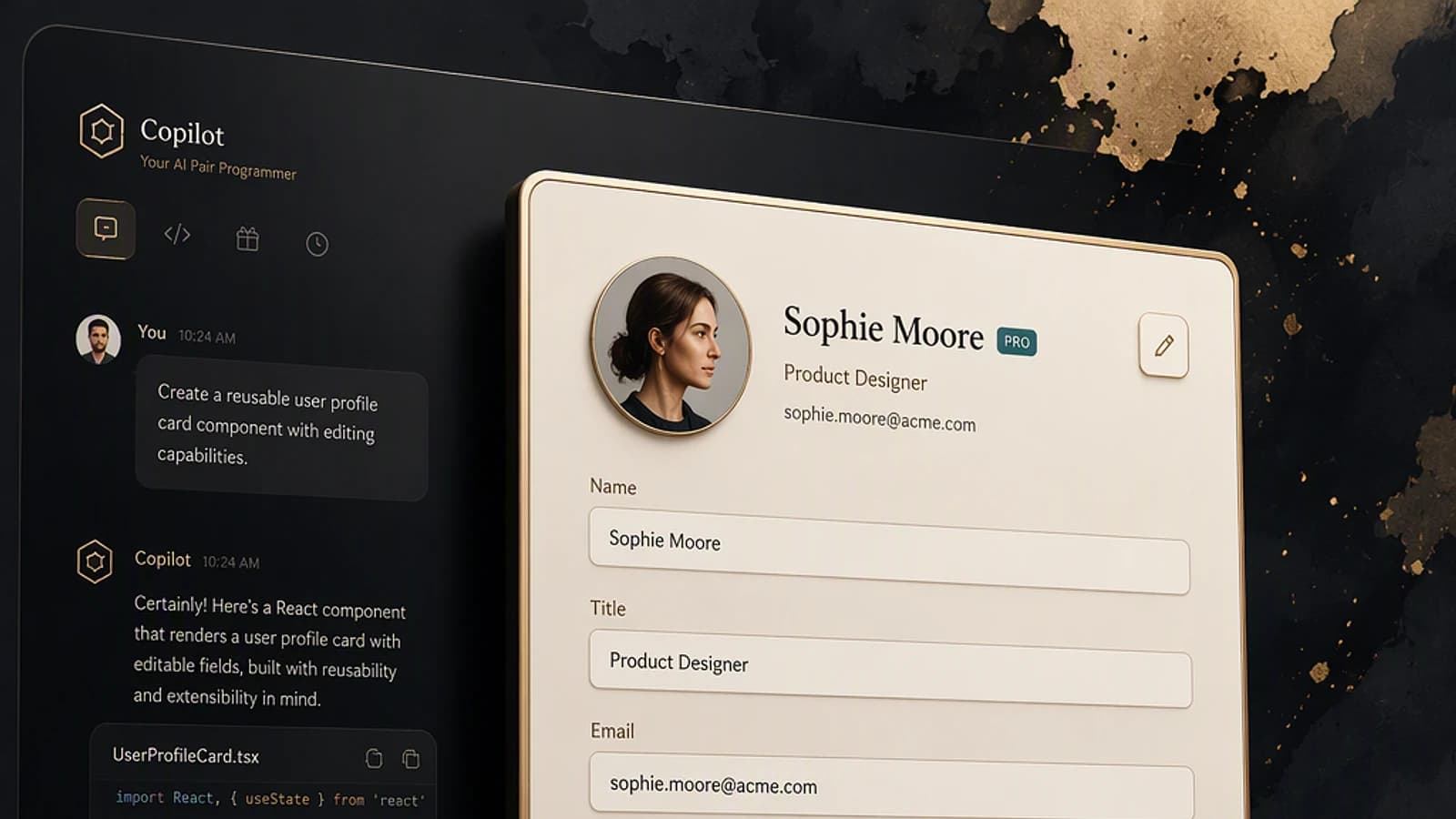 Interface d'une application Copilot avec un profil d'utilisateur et des messages de conversation.