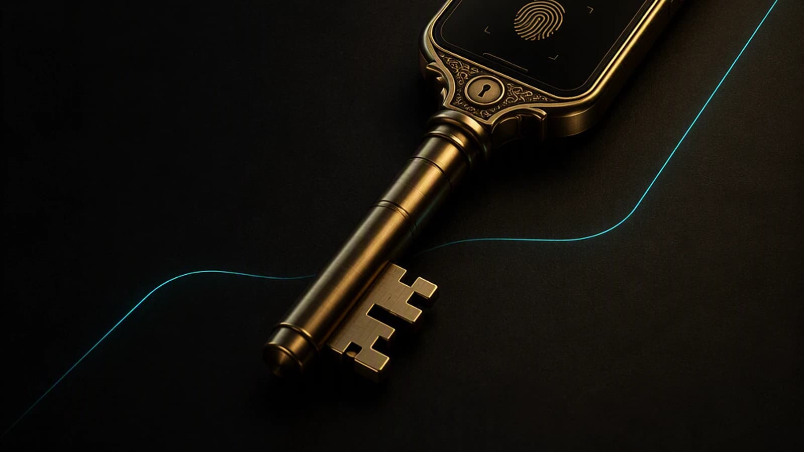 Clé stylisée avec empreinte digitale sur fond noir et lignes lumineuses.