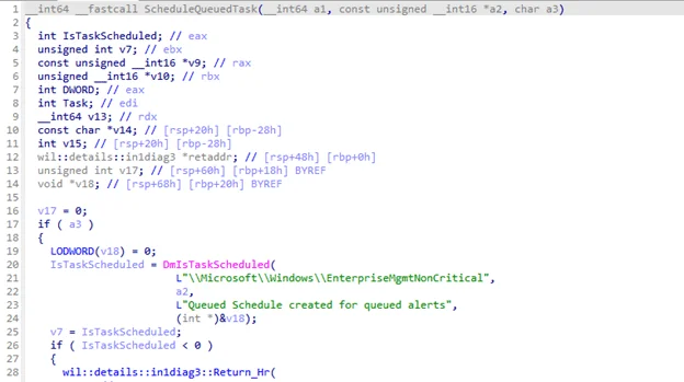 oma dm api code showing the creation of the queued scheduled task
