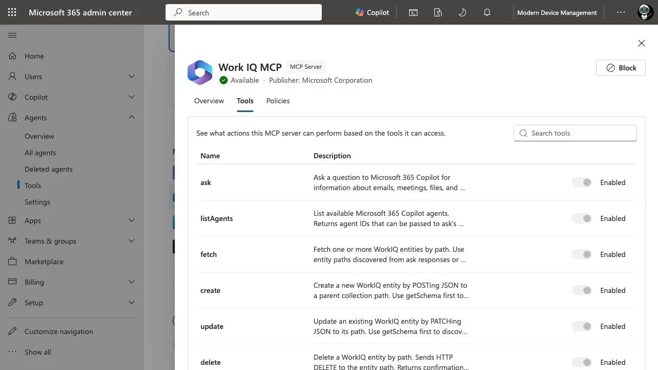 Agent 365 MCP governance: actual Work IQ tool list in the Modern Device Management tenant