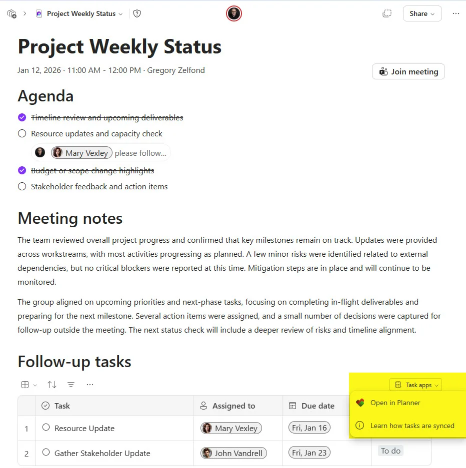 Example of a Meeting Notes Loop Page accessed from the Loop application