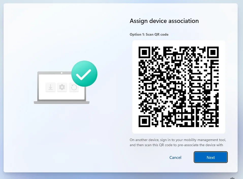 The new Assign device association page showing us the option to assign device association by using a qr code