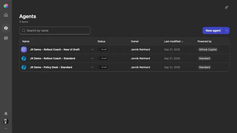 Live Copilot Studio inventory showing the GitHub Copilot and Standard versions of the Rollout Coach in the ModernDevMgmt demo tenant