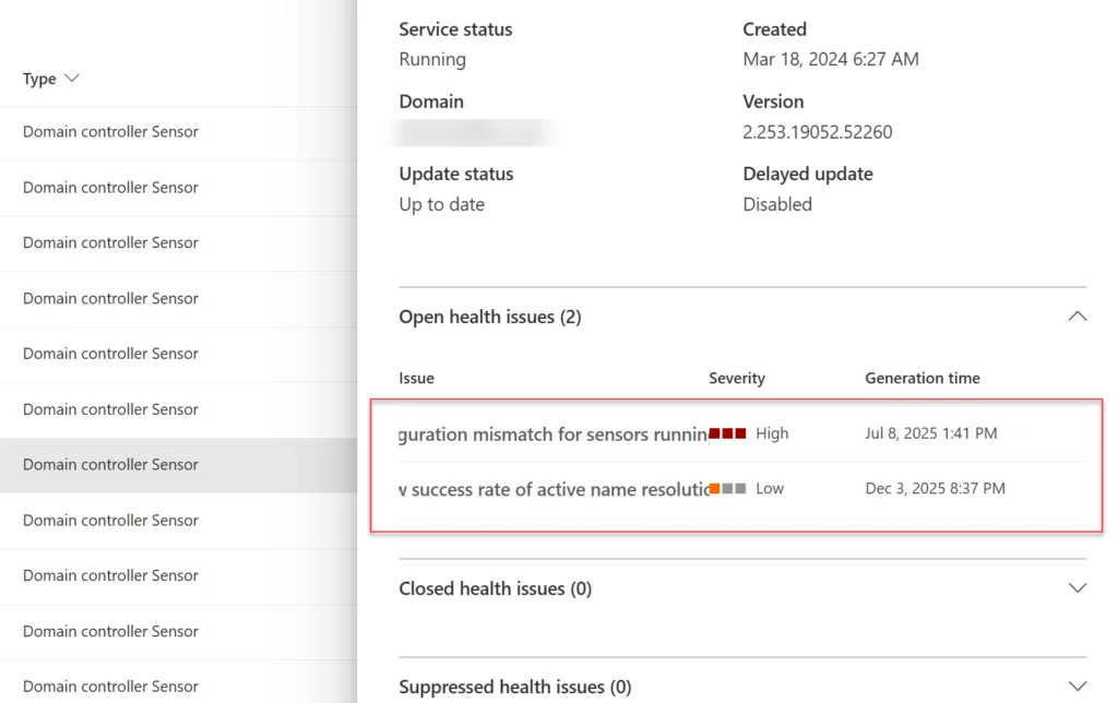 Capture du portail de santé de Defender for Identity