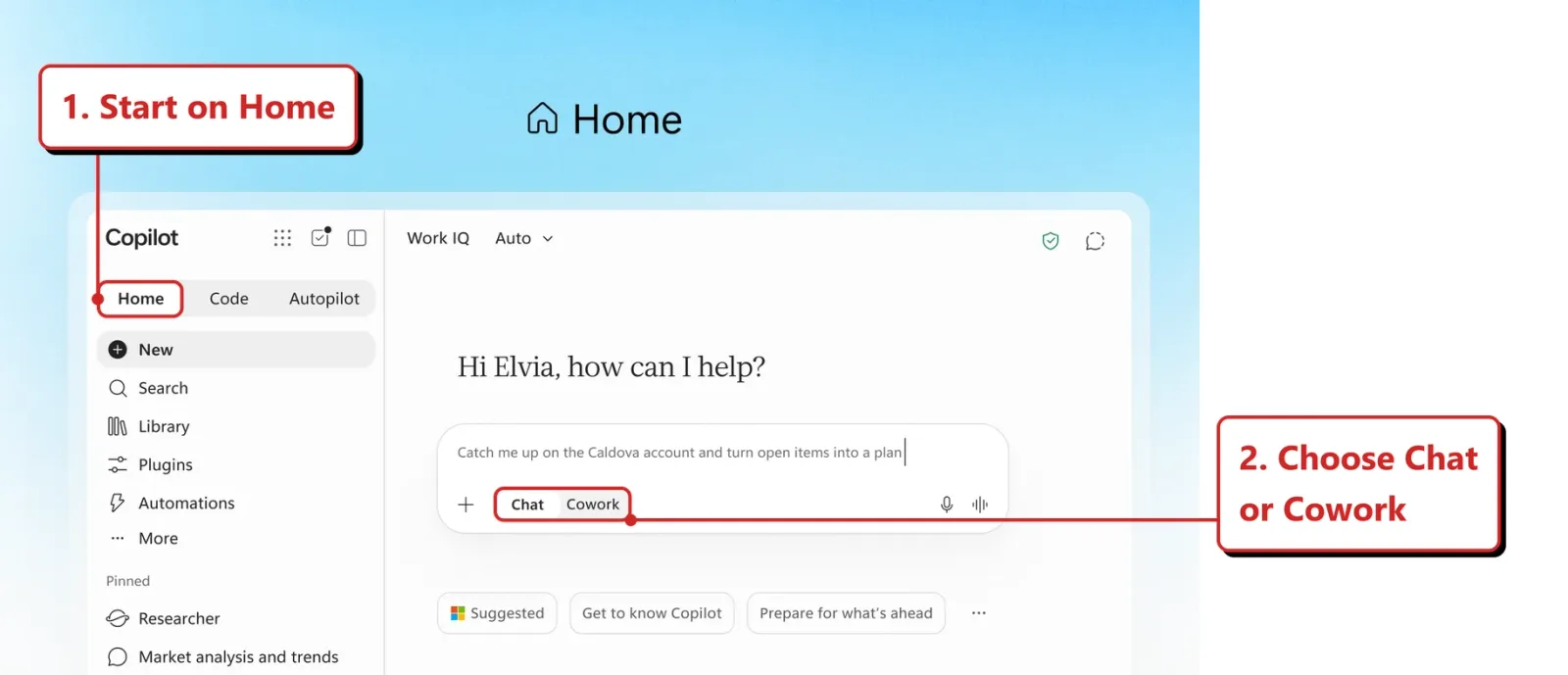 Official Microsoft image of the Copilot app, annotated by me. The Home tab in the left navigation is outlined in red, with a callout reading 1. Start on Home. A second red outline highlights the Chat and Cowork selector inside the prompt box; its callout reads 2. Choose Chat or Cowork. The screen also shows Code and Autopilot tabs, the greeting Hi Elvia, how can I help?, and a prompt to catch up on the Caldova account.