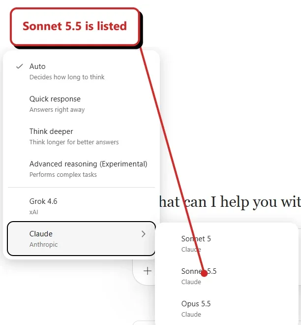 Model selector with Auto, Quick response, Think deeper and Advanced reasoning options, plus Grok and a Claude submenu. Sonnet 5.5 is listed points to Sonnet 5.5 between Sonnet 5 and Opus 5.5. GPT-6.1 Sol is not shown.