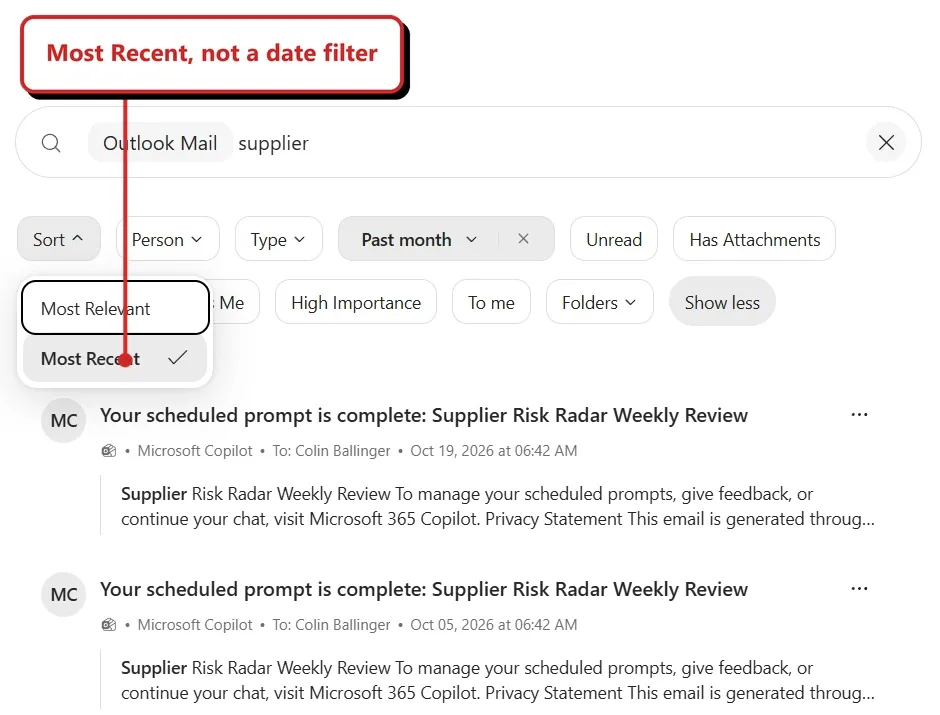 Outlook Mail search for supplier with the Sort menu open. Most Relevant and Most Recent are offered; Most Recent is selected. Most Recent, not a date filter points to that selection. The first two visible emails are dated 19 October and 5 October 2026.