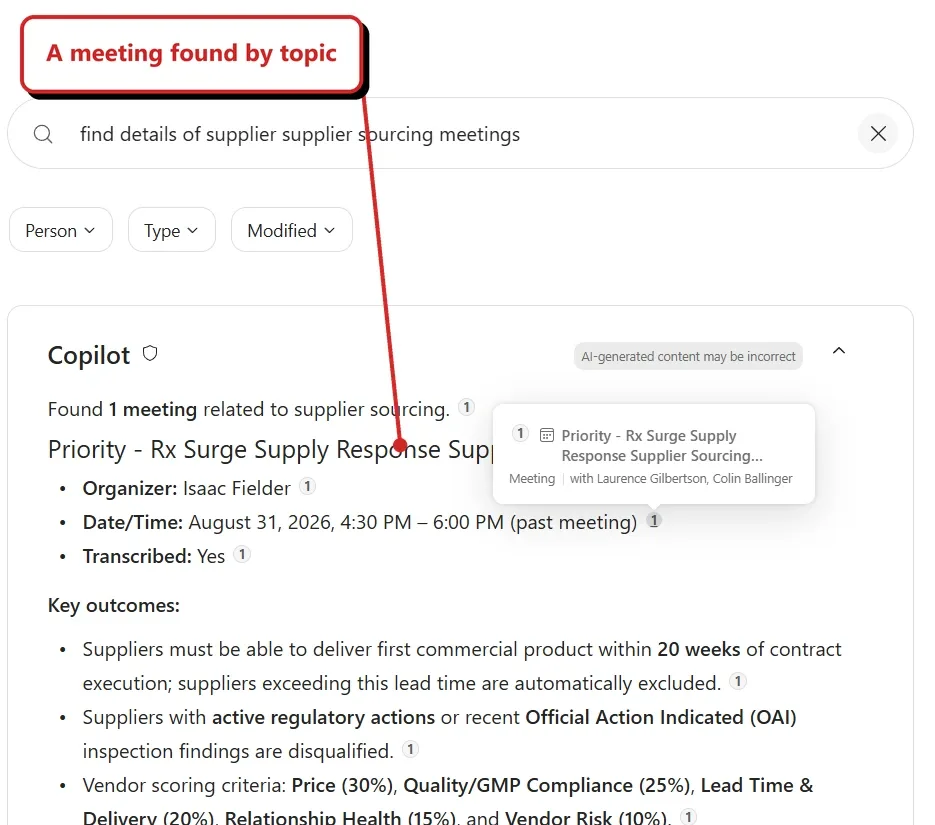 Copilot Search answer reports one meeting related to supplier sourcing, dated 31 August 2026. A meeting citation card is open beside its title, with organiser details and listed outcomes below. A meeting found by topic points to the meeting result.