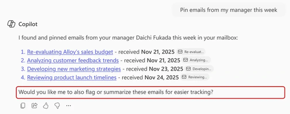 Cropped official Microsoft screenshot of Copilot Chat. The prompt reads Pin emails from my manager this week. Copilot answers that it found and pinned four emails. A red outline highlights the sentence offering to flag or summarise these emails.