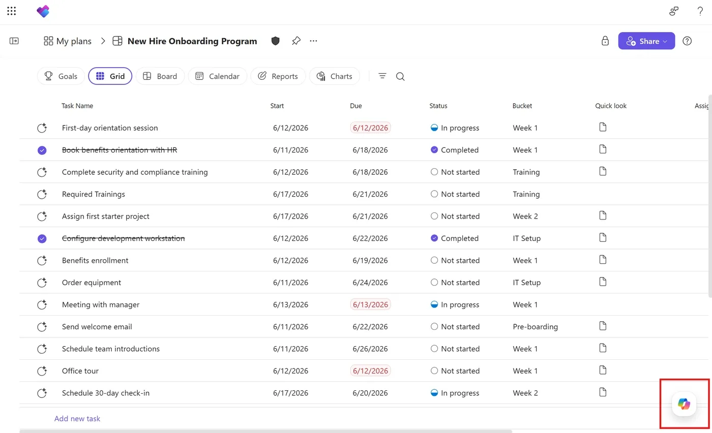 Official Microsoft screenshot of the New Hire Onboarding Program plan in Grid view. A red rectangle highlights the Copilot button at the bottom right.