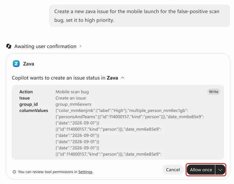 Official Microsoft screenshot of Copilot Chat with a Zava confirmation card. Copilot wants to create an issue status in Zava, shows the action parameters, and offers Cancel and Allow once buttons. A red outline highlights Allow once and its approval-options menu.