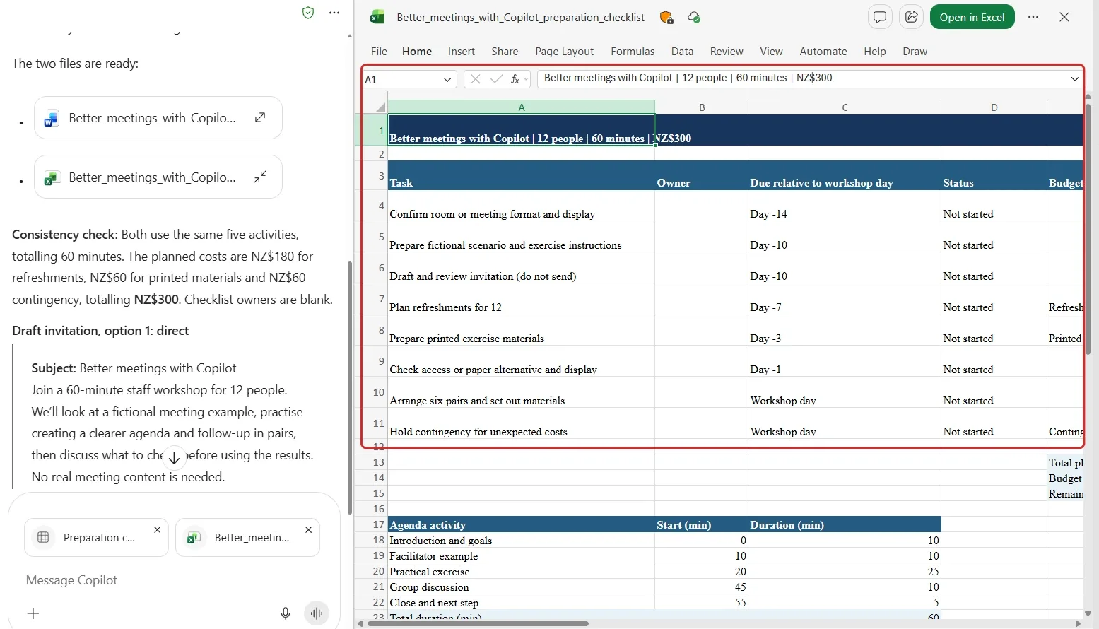 Copilot conversation beside an open Excel workbook containing a fictional workshop preparation checklist and agenda. A red outline highlights the worksheet area, with Excel controls and Open in Excel visible above.