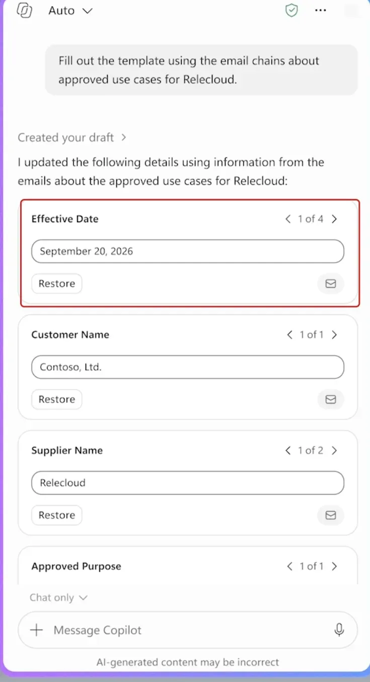 Legal demonstration with a prompt to fill a template from email chains. Effective Date, Customer Name and Supplier Name fields are visible, with a red outline around the Effective Date card and its Restore control.