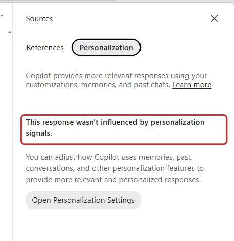Sources pane with Personalization selected. A red outline highlights This response wasn't influenced by personalization signals. Open Personalization Settings appears below.
