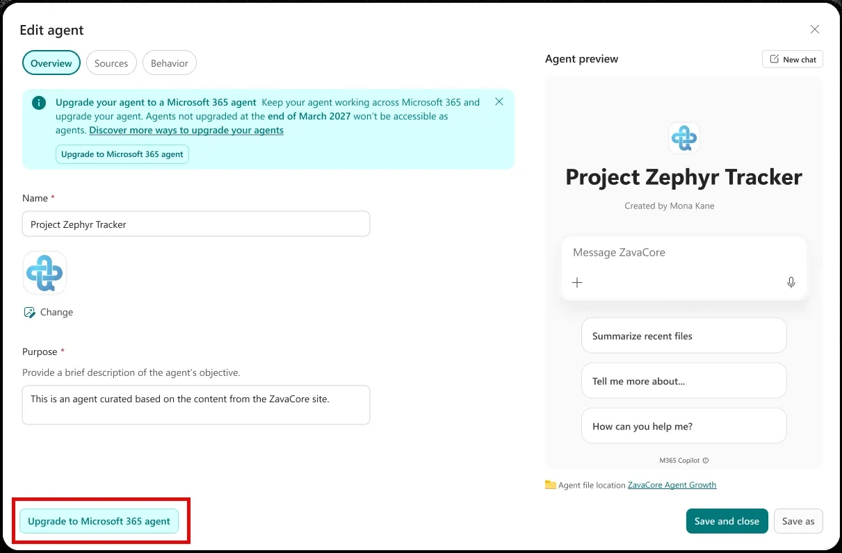 Official Microsoft screenshot. Edit agent window for Project Zephyr Tracker with an upgrade banner and Upgrade to Microsoft 365 agent buttons; the lower button is outlined in red.