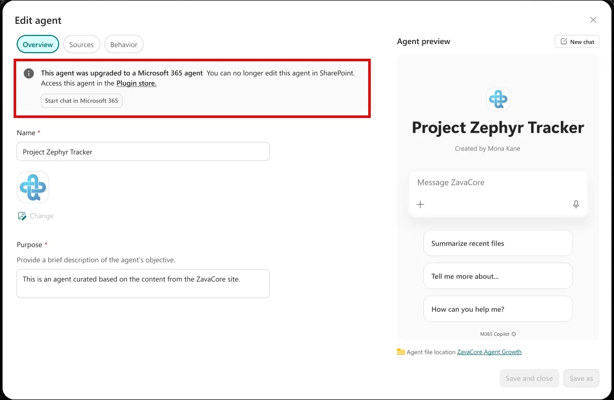 Official Microsoft screenshot. Edit agent window with a red-outlined banner saying This agent was upgraded to a Microsoft 365 agent, no longer editable in SharePoint; Plugin store link and Start chat in Microsoft 365 button.