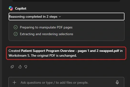 Copilot response showing PDF manipulation and reordering steps, with a red outline around its report that it created a copy with pages 1 and 2 swapped and left the original PDF unchanged.