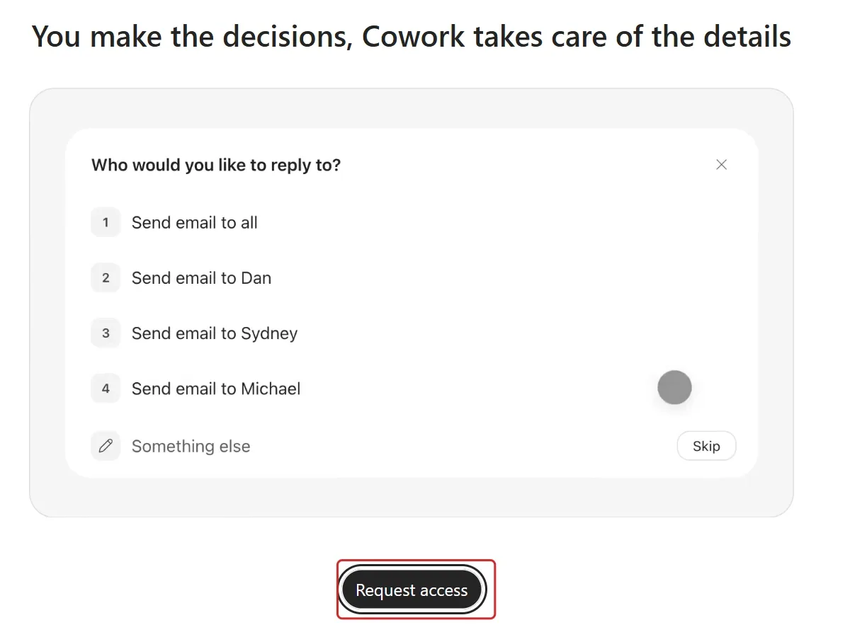 Cowork landing screen with an onboarding demonstration panel and a red outline around the actual Request access button below it.