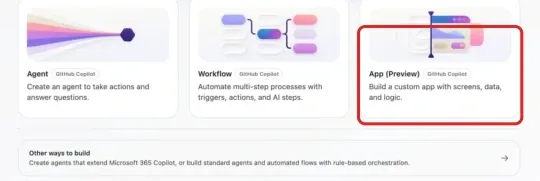 Microsoft's Studio home example shows Agent, Workflow and App (Preview) tiles. A red outline frames the App (Preview) tile.