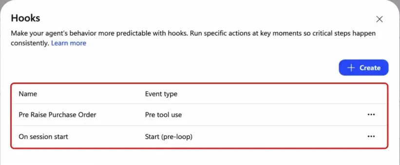 Microsoft's Hooks dialog lists Pre Raise Purchase Order with event type Pre tool use and On session start with Start pre-loop. A red outline frames those two configured rows.