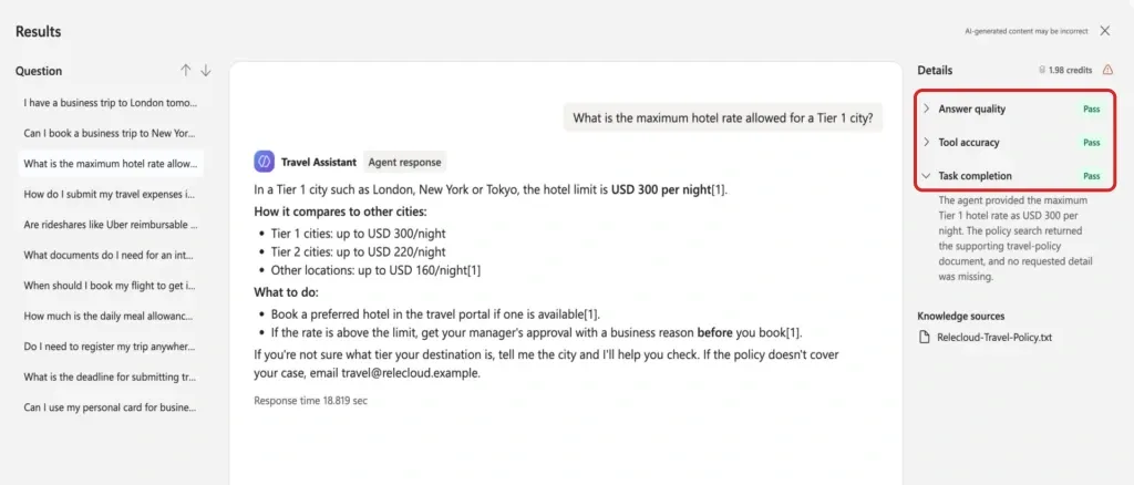 Microsoft's travel-assistant evaluation results show a hotel-policy answer and response time. A red outline frames the Answer quality, Tool accuracy and Task completion results on the right.