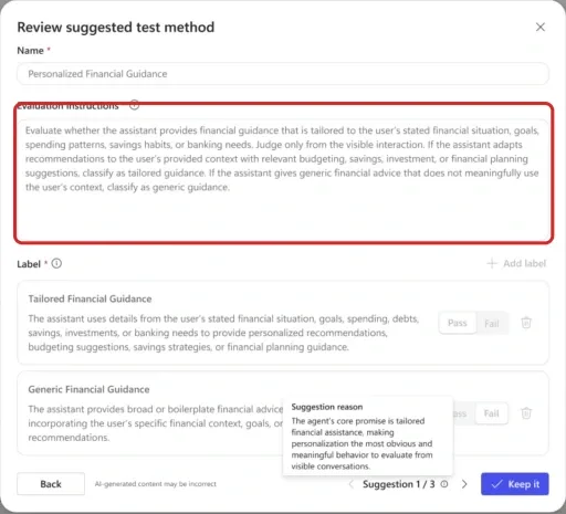 Microsoft's Review suggested test method dialog shows a proposed grader, evaluation instructions, label criteria, a suggestion reason and a Keep it button. A red outline frames the proposed evaluation instructions.