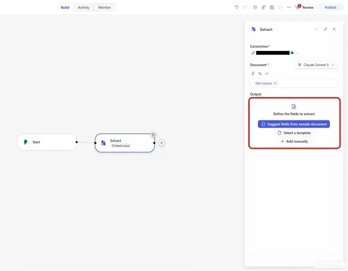 Microsoft's workflow example connects Start to an Extract node. A red outline frames the Output setup with Suggest fields from sample document, Select a template and Add manually.