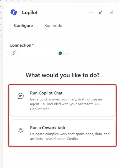 My Copilot node configuration shows an existing connection with its account name hidden. A red outline frames Run Copilot Chat and Run a Cowork task; the Cowork card says it uses Copilot Credits.