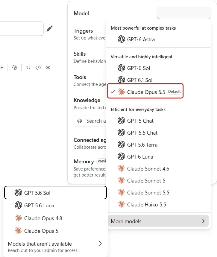 My Studio model menu shows grouped model choices and a More models submenu. A red outline frames Claude Opus 5.5 and its Default badge. No Preview or Experimental release labels are visible.