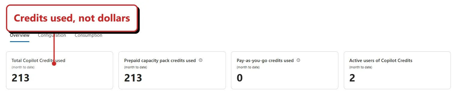 Cost management Overview with cards showing 213 total Copilot Credits used, 213 prepaid credits used, zero pay-as-you-go credits used and two active users. Credits used, not dollars points to the total-credit card.