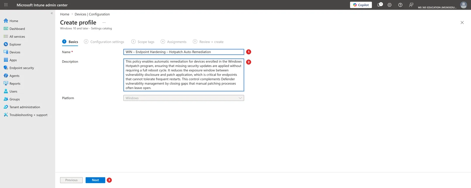 Defining the policy name and description in the Basics tab with Microsoft Intune