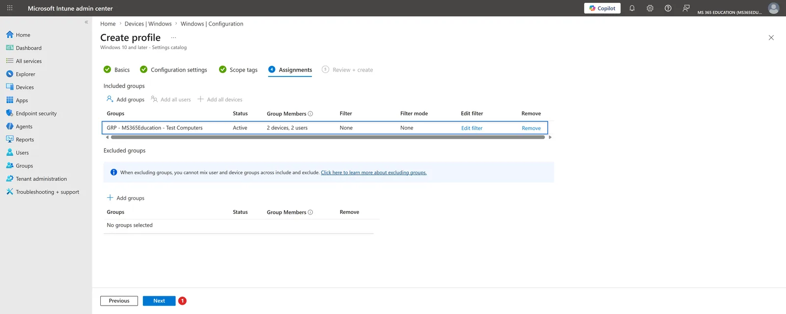 Assigning the policy to the target group with Microsoft Intune