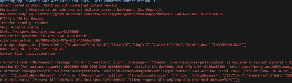 Header 'x-msft-approval-justification' is required to request approval