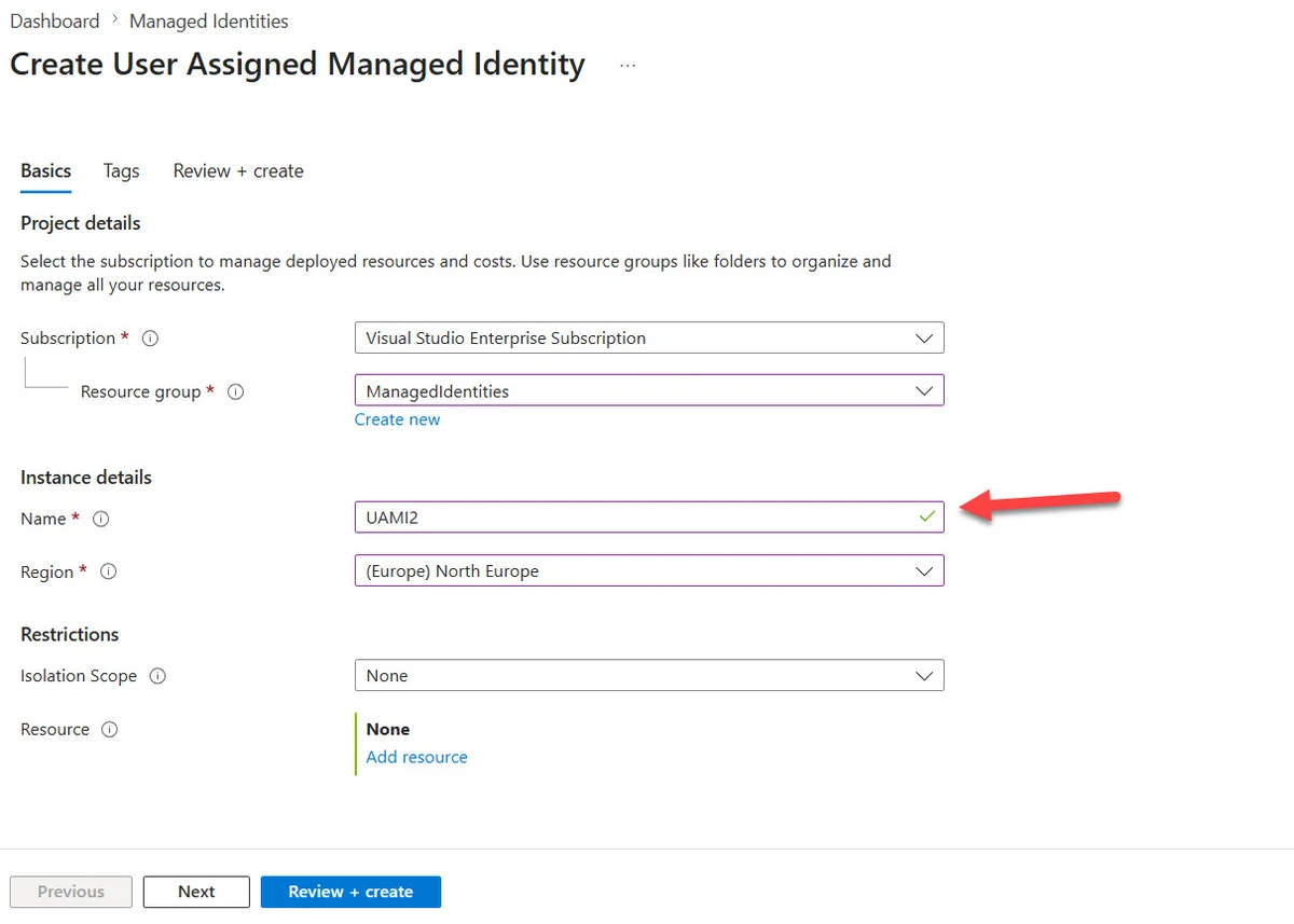 Creating a user assigned managed identity.