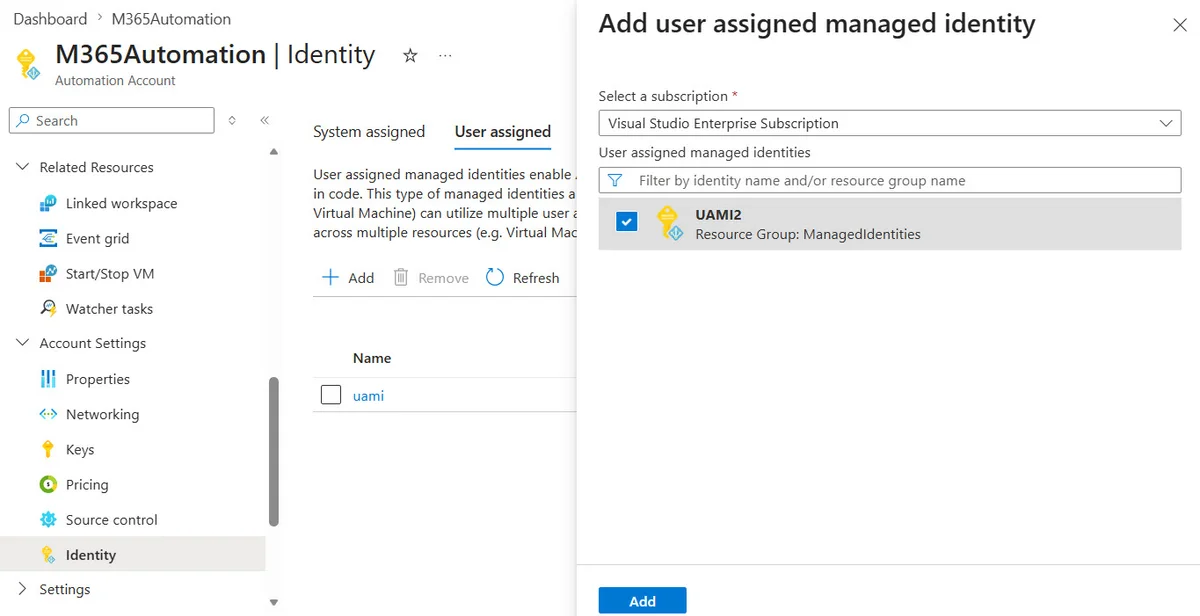 Linking a user assigned managed identity with an automation account.